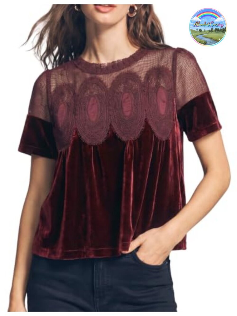 Velvet Lace Blouse Short Sleeve Flowy Top Relaxed Fit Crew Neck